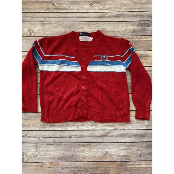 VINTAGE Lacoste Sweater kids 5 Red Izod 70s 80s Cardigan Crocodile USA Stripe - Picture 1 of 7